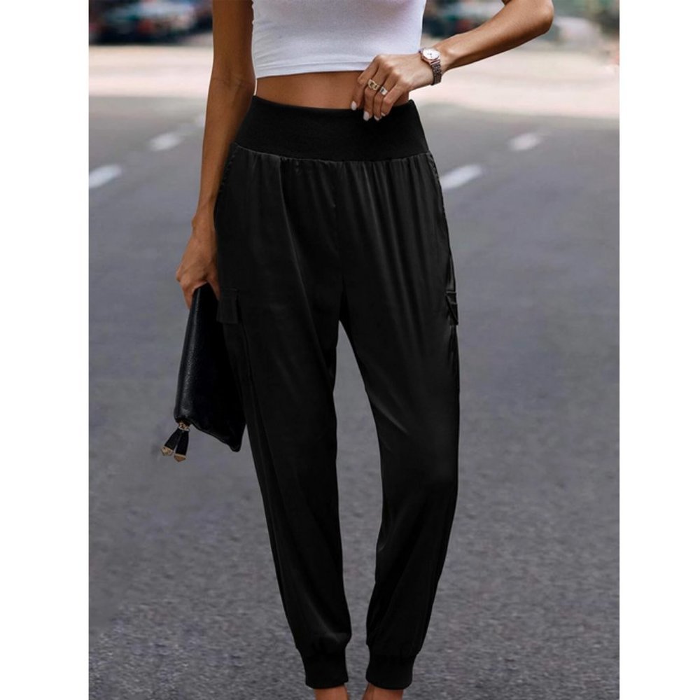 Luxe Look Satin Pocketed High Waist Joggers - Black - Picture 10 of 12